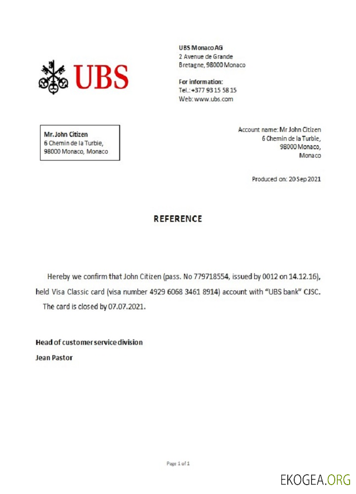 Référence Monaco , UBS bank , closure